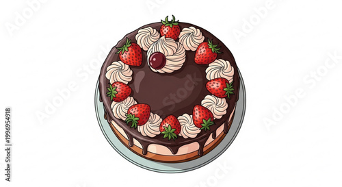 A delicious chocolate cake with strawberries and whipped cream on top, perfect for dessert or celebration