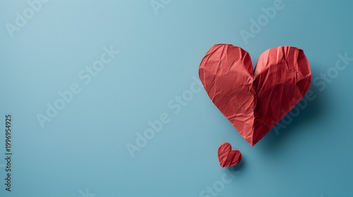 Zwei rote Papierherzen auf blauem Hintergrund – Konzept für Liebe, Beziehung, Verbundenheit und Valentinstag