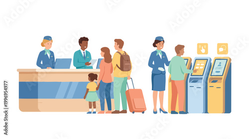 Airport Check In Counter Scene with Airline Staff Assisting Passengers and Self Service Kiosk for Travel and Aviation Industry