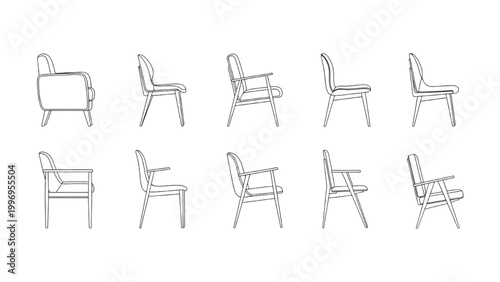 Multiple 2D AutoCAD chair designs in various angles and positions