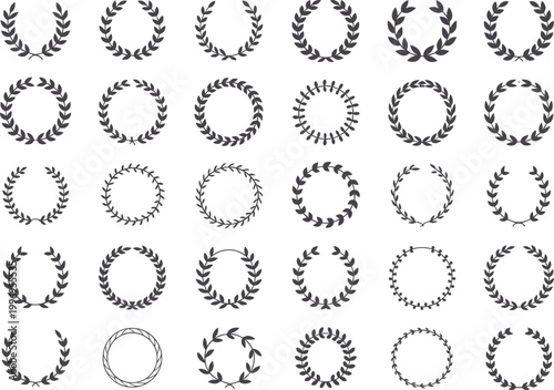 Laurel wreath silhouettes, victory symbols, achievement icons, award design, honor emblem, decorative vector, black wreath collection, isolated white background