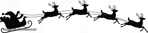 Santa Claus silhouette, sleigh with reindeer, Christmas icon, festive holiday design, vector illustration, black silhouette, winter season, isolated background