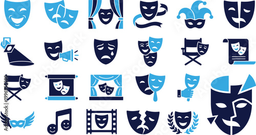 Collection of theater masks and performance icons symbolizing drama comedy tragedy.