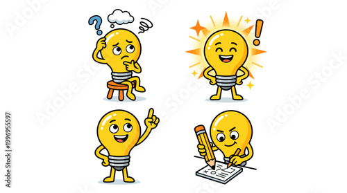 Light bulb mascot vector set of 4 designs for idea and creativity