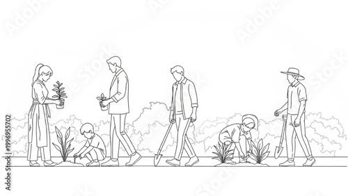 People planting trees and gardening in a park using 2D AutoCAD designs
