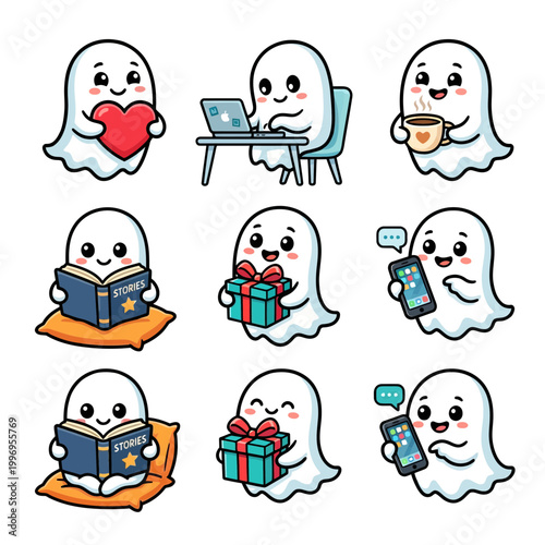 Cute Ghost Illustration Mascot Vector Set of 6 Designs