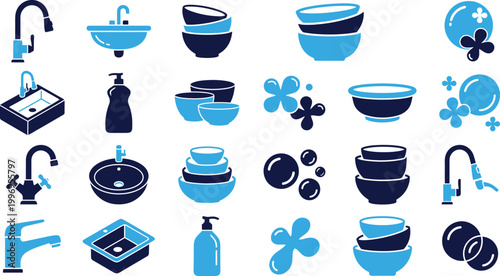 Sink faucet icons set vector kitchen and bathroom plumbing fixtures collection for home and interior design.