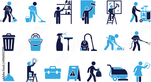 Set of cleaning icons with people and equipment for house and professional hygiene service tasks.