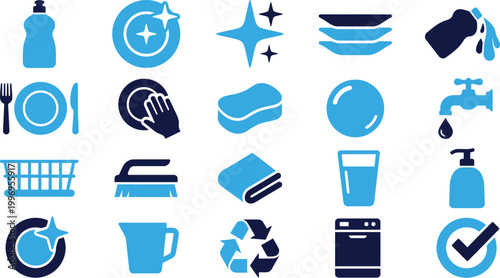 Cleaning and hygiene icons set vector dishes soap and water symbols for home and kitchen care collection.