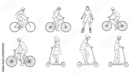 People riding bicycles and scooters in 2D AutoCAD illustrations