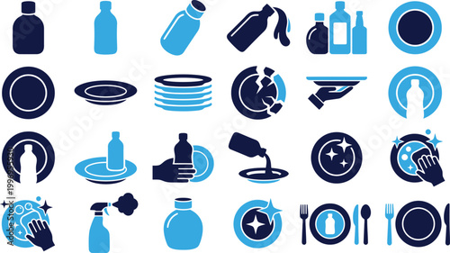 Clean dishes and washing up icons with bottles spray and dirty plates for kitchen and hygiene concept.