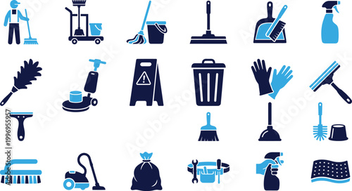 Various cleaning tools and supplies icons for professional and domestic housekeeping and maintenance tasks.