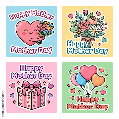 Vector set of 4 designs for Happy Mother Day cards and stickers