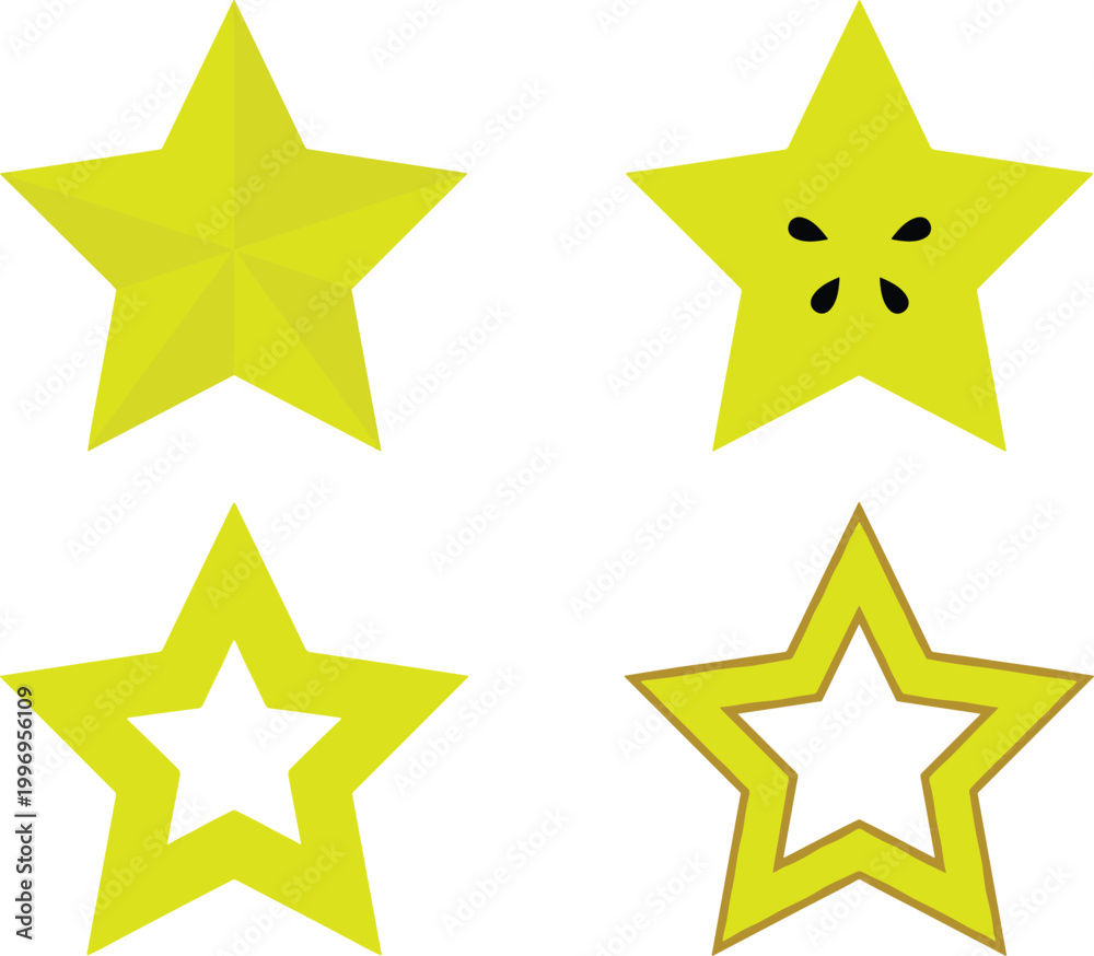 Fototapeta premium Star Fruit Icon Set Featuring Geometric Star Shapes, Slice with Seeds, Outline Variations, and Minimal Flat Design for Tropical Food Graphics
