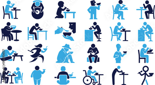 People eating food icons from various angles showing diverse individuals dining together or alone.