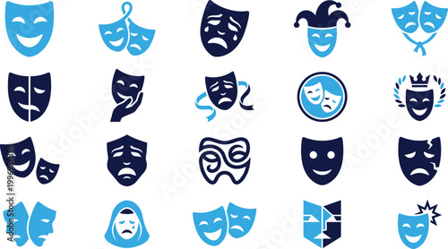 Set of theatrical masks representing comedy and tragedy symbols isolated on white background design.
