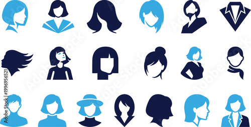 Collection of diverse female and male hairstyles and portraits isolated on white background for design.