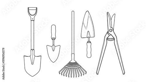 Gardening tools, including a shovel, pruners, and 2D AutoCAD designed rake and trowel on a lawn.