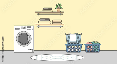 Laundry room, washing machine, laundry baskets, cleaning supplies, household chores