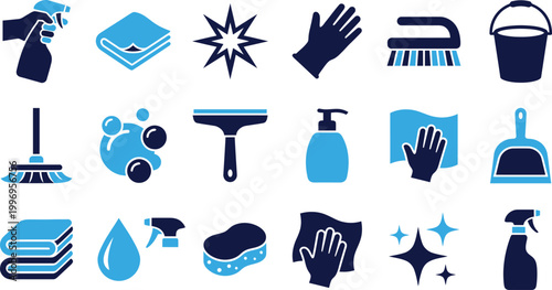 Collection of hygiene and cleaning supplies icons vector set on white background.