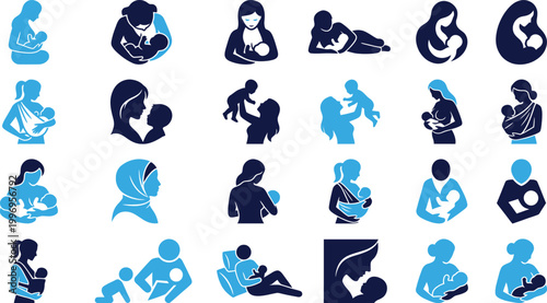 Motherhood and baby care icons vector set representing love nurturing and family bond.