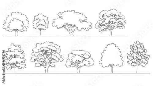 Various 2D AutoCAD tree designs in a landscape setting illustration