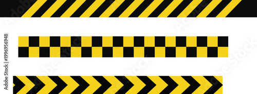 Seamless checkerboard and chevron caution tape borders set Isolated on transparent background for road work signs vector Illustration.