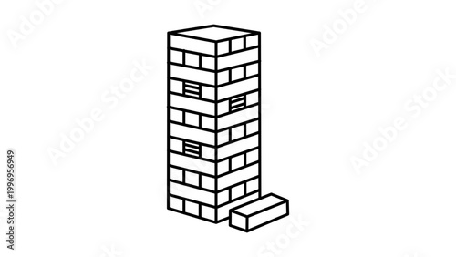 Minimalist Jenga Tower Vector Icon with Editable Stroke. A clean black line illustration of a wooden block stacking game on white background, representing balance, strategy, and risk-taking.