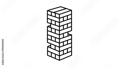 Minimalist Jenga Tower Vector Icon with Editable Stroke. Clean black line illustration of a tall wooden block game tower on white background, ideal for board game, strategy, and balance concepts.