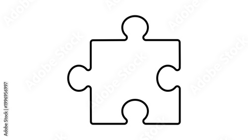 Minimalist Jigsaw Puzzle Piece Black Line Vector Icon on White Background. Single interlocking piece for logic, connection, and problem solving. Features an editable stroke for easy customization.