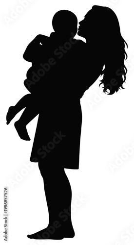 Mother Kissing Child Silhouette in Profile, Vector Illustration Isolated on Transparent Background