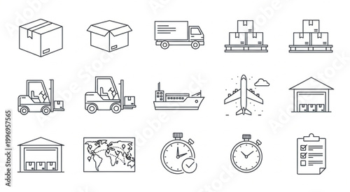 Logistics and transportation icons representing delivery and shipping processes worldwide.
