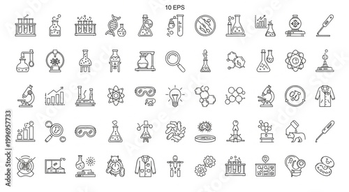 Collection of science and laboratory related icons and symbols for research and experiments.