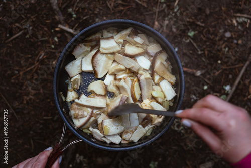 Cooking fresh mushrooms in a pot over an open fire during a camping trip in the woods. Hiking in Carpathian Mountains, Ukraine