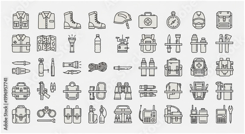 Collection of military and survival equipment icons, perfect for design needs.