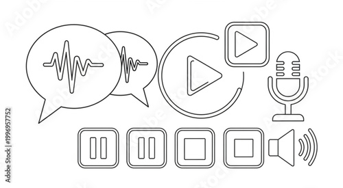 Audio recording and playback interface with speech bubbles and microphone.