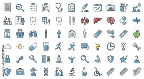 Collection of medical and healthcare icons representing various aspects of medicine.