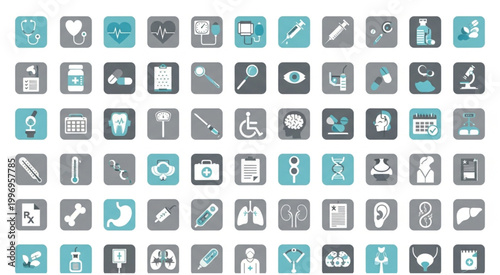 Collection of medical and healthcare icons representing various medical concepts and symbols.