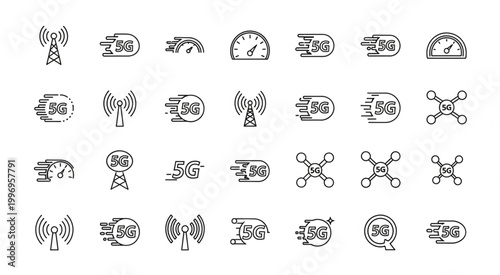 Collection of 5G technology icons representing high-speed wireless communication.