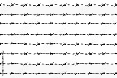 Repetitive pattern of black barbed wire strands against a white background