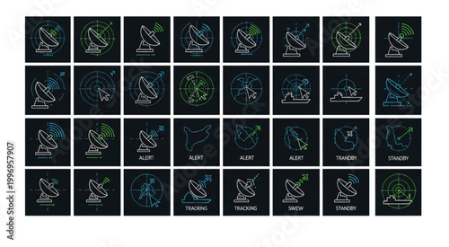 Collection of satellite dishes in a grid pattern, representing communication and technology.