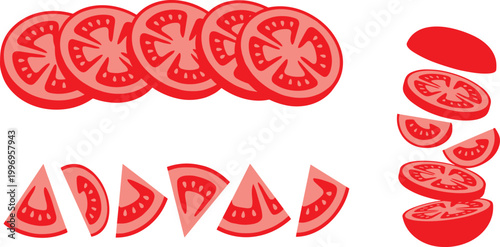 Tomato Slices Vector Set Featuring Round Slices, Wedges, and Layered Cut Pieces in Flat Red Style for Food Preparation and Cooking Design