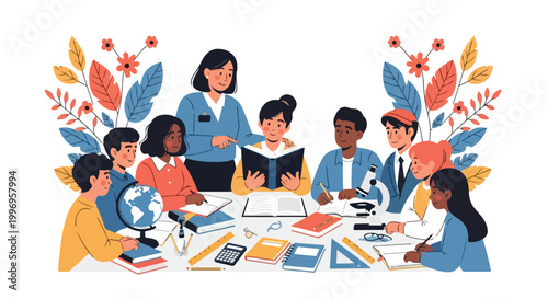 Diverse Group of Students Learning with Teacher in Classroom Vector Illustration