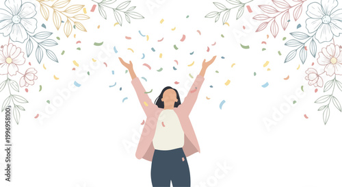 Happy Woman Celebrating with Confetti and Floral Border Vector Illustration