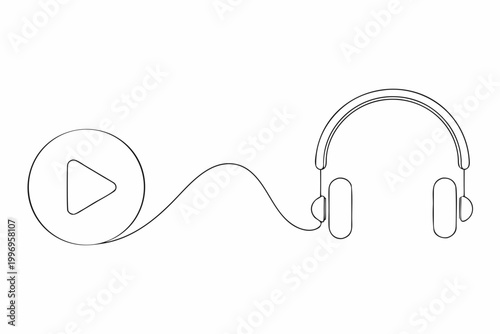 Minimalist line art depicting headphones and a play button symbol