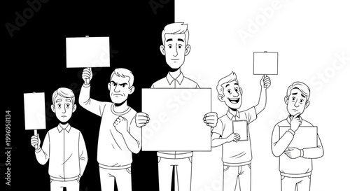 a group of people holding blank signs.