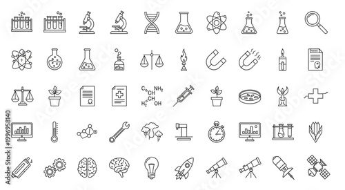 Collection of science and research icons for education and study.