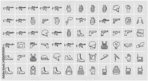 Collection of military and combat equipment icons, perfect for design needs.