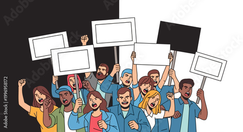 Diverse group of people protesting with signs.