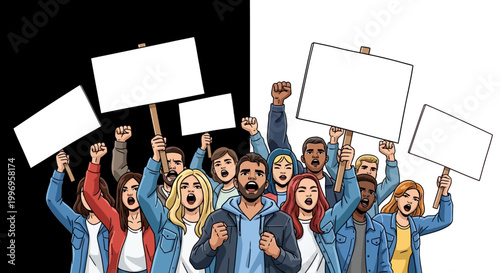 Diverse crowd holding protest signs shouting.